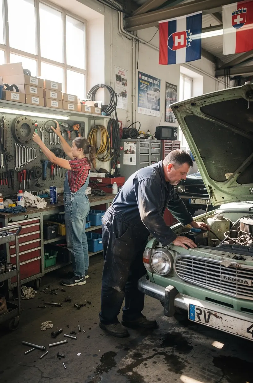 Interiér autoservisu so zariadeniami na opravu a údržbu starších áut na Slovensku.